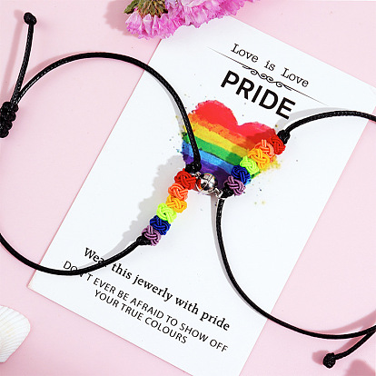 2Pcs Couple Magnet Metal Matching Charm Bracelets Set, Rainbow Color Pride Flag Waxed Braided Beaded Adjustable Bracelets for Men Women