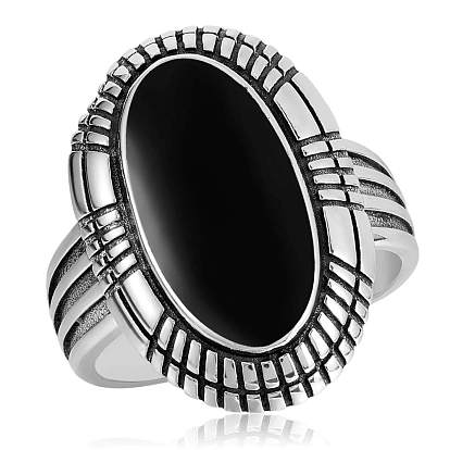 925 Sterling Silver Adjustable Ring, Natural Black Garnet Oval Chunky Ring for Women