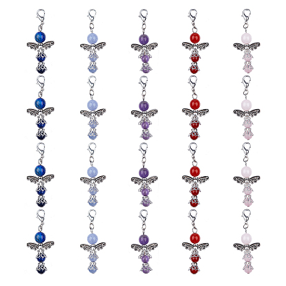 Natural Round Gemstone Pendant Decorations, with Zinc Alloy Findings and Lobster Claw Clasps, Angel
