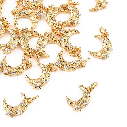SHEGRACE Brass Micro Pave Clear Cubic Zirconia Charms, Moon with Star Charms, Cadmium Free & Lead Free & Nickel Free