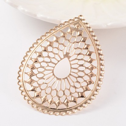 Filigree Teardrop Iron Filigree Joiners Links, Etched Metal Embellishments, 68x50x0.5mm, Hole: 1.2mm