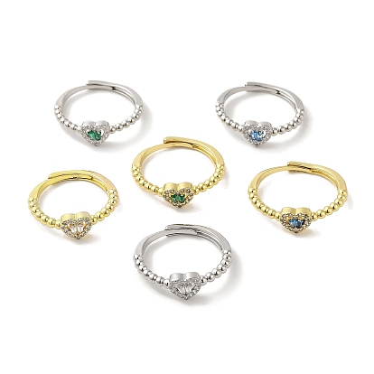 Anillos ajustables de zirconia cúbica micro pavé de latón chapado en cremallera, larga duración plateado, sin plomo y el cadmio, corazón