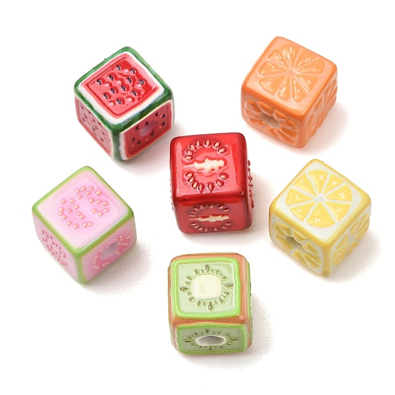 Fruits Printed Opaque Acrylic Beads, Cube