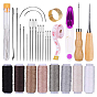 Набор инструментов для работы с кожей, включая швейные иглы, вощеная нить, ножницы, шило, рулетка и швейный наперсток, для поделки из кожи