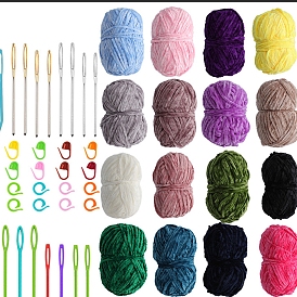 DIY Knitting Tool Kits, including Chenille Yarn & Stitch Marker & Crochet Hook & Needles, for Blanket Pillows Craft Crochet Yarns