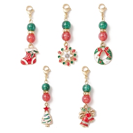 Christmas Theme Alloy Enamel Pendant Decorations, with Resin Bead and 304 Stainless Steel Lobster Claw Clasps Charm, Wreath/Bell/Tree/Snowflake/Sock