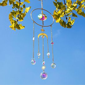 Glass Round Pendant Decorations, Hanging Suncatchers, with Brass Ring, for Home Garden Decorations, Moon & Sun