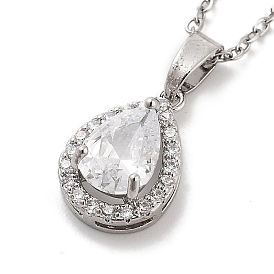 201 Stainless Steel Cable Chain Necklaces, Brass Clear Cubic Zirconia Teardrop Pendant Necklaces