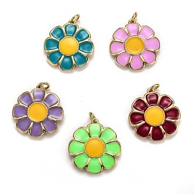 Brass Enamel Pendants, Long-Lasting Plated, with Jump Ring, Real 18K Gold Plated, Flower