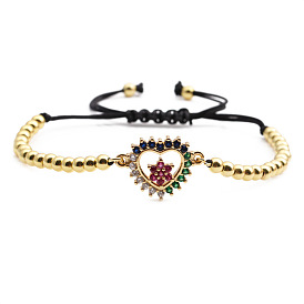 Bracelet coeur réglable avec parure de bijoux plaqué or et étoiles en zircone