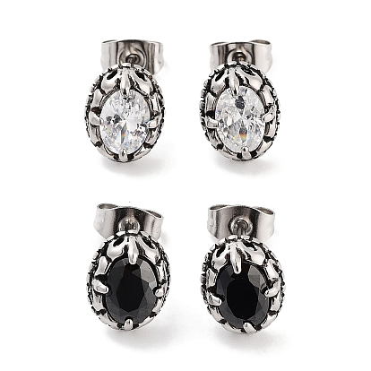 Овальные серьги-гвоздики из хирургической нержавеющей стали с фианитами для женщин и мужчин, античное серебро