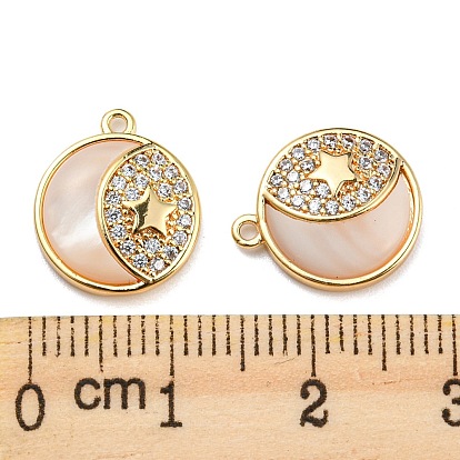 Natural White Shell & Clear Cubic Zirconia & Brass Charms, Flat Round with Moon & Star Pattern