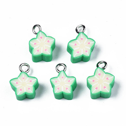 Imitation Food Handmade Polymer Clay Star Charms, with Platinum Plated Iron Loop, Carambola