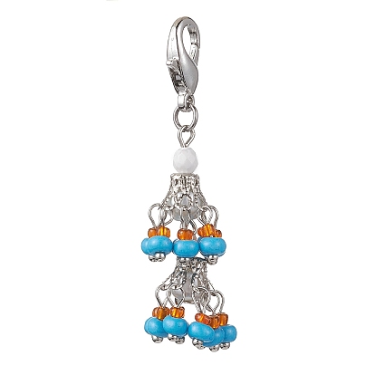 Glass Seed Bead Pendant Decorations, with Iron Bead Caps, Glass Pearl Bead and Zinc Alloy Lobster Claw Clasps