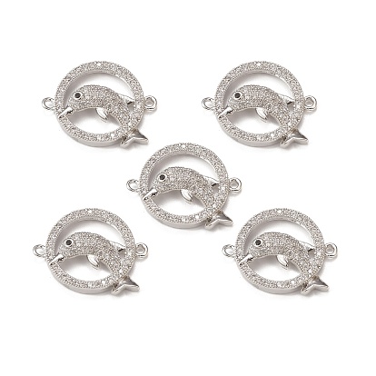 Brass Micro Pave Clear Cubic Zirconia Connector Charms, Ring with Dolphin Links