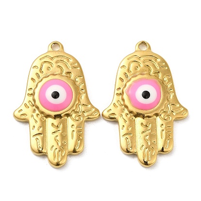 304 Stainless Steel Enamel Pendants, Real 18K Gold Plated, Hamsa Hand with Evil Eye Charm