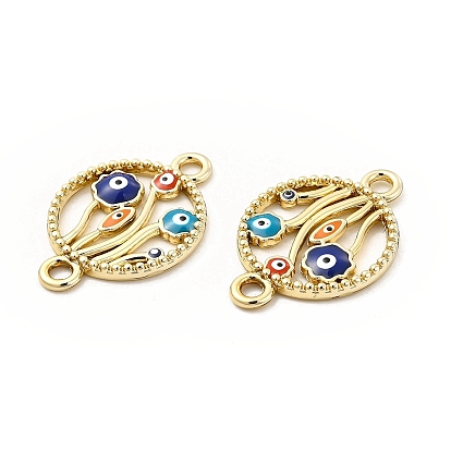 Alloy Enamel Connector Charms, Flat Round Links with Colorful Evil Eye Flower, Nickel