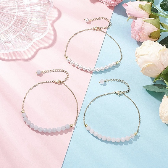 3шт. 3 цвета драгоценные камни и ракушки жемчуг круглые бусины ножные серьги, с 304 кабельными цепочками из нержавеющей стали, золотые