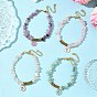 4Pulseras con cuentas de piedras preciosas mixtas naturales y sintéticas, Pulseras con dijes de esmalte de aleación para mujer., plano y redondo con la cruz