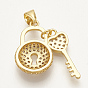 Brass Micro Pave Cubic Zirconia Pendants, Padlock with Key, Clear