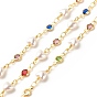 Brass Glass Flat Round Link Chains, with ABS Heart Beaded, Long-Lasting Plated, Soldered, with Spool