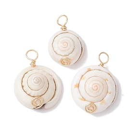 Natural Shiva Eye Shell Copper Wire Wrapped Pendants, Shell Shape Charms