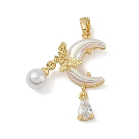 Rack Plating Brass Pendant, with Resin & Cubic Zirconia & Plastic Pearl, Lead Free & Cadmium Free, Long-Lasting Plated, Moon & Butterfly