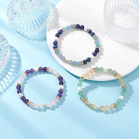 3Pcs Natural Mixed Gemstone and Shell Pearl Round Beads Stretch Bracelets for Women