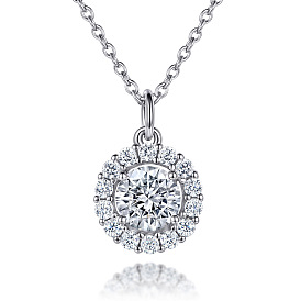 925 Sterling Silver Micro Pave Cubic Zirconia Pendant Necklaces, Flat Round