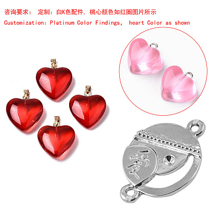 Vaporisez pendentifs en verre peint, avec les accessoires en fer de platine plaqués, jade d'imitation, cœur