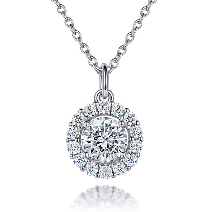 925 Sterling Silver Micro Pave Cubic Zirconia Pendant Necklaces, Flat Round