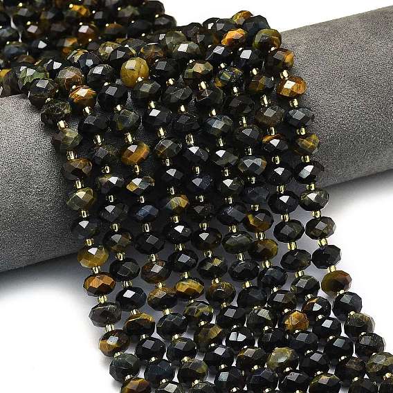 Нити бусин из натурального желтого и синего тигрового глаза, граненые, рондель, с бисером, окрашенные