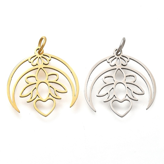 304 подвески из нержавеющей стали, с целью перехода в кольце, луна с цветочным шармом, лазерная резка, ионное покрытие (ip)