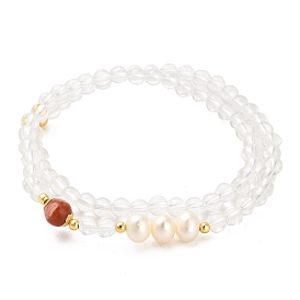 Natural Agate and Natural Quartz Crystal Bead Bracelets, with Sterling Silver Beads and Pearl Beads, Real 18K Gold Plated