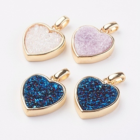Electroplated Natural Druzy Quartz Pendants, with Brass Findings, Heart, Golden