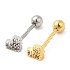 Brass Micro Pave Clear Cubic Zirconia Stud Earrings, with 316 Stainless Steel Pin and Ear Nut, Heart