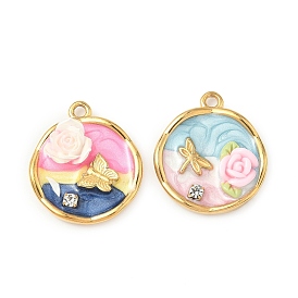 304 подвески из нержавеющей стали, плоский круг с цветком-бабочкой, с эмалью, Горный хрусталь и смола, реальный 18 k позолоченный