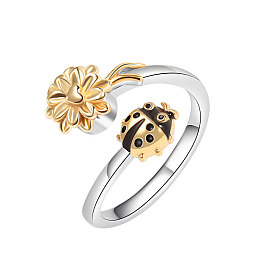 Adjustable Opening Brass Ring, Cuff Rings, Rotating Ring, Flower with Ladybugs for Women