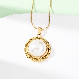 304 Женские ожерелья-змейки с полукруглым кулоном из нержавеющей стали и искусственного акрилового жемчуга, белые, ионное покрытие (ip)