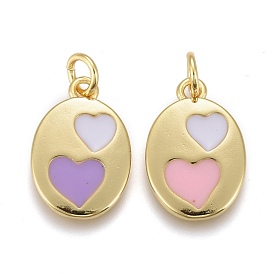 Colgantes de esmalte de bronce, chapado en oro de larga duración, con anillos de salto, óvalo plano con patrón de corazón