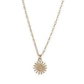 Brass Micro Pave Clear Cubic Zirconia Pendant Necklaces, with Brass Cable Chains, Sun