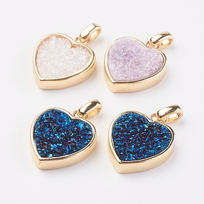 Electroplated Natural Druzy Quartz Pendants, with Brass Findings, Heart, Golden