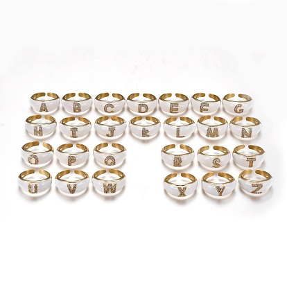 Brass Micro Pave Clear Cubic Zirconia Cuff Rings, Open Rings, with Enamel, Cadmium Free & Lead Free, Alphabet, Golden