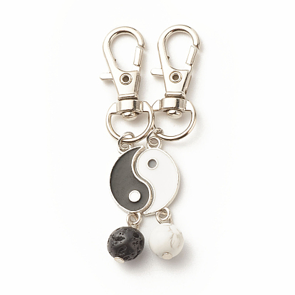 Porte-clés émail alliage, avec fermoirs mousqueton pivotants en alliage et howlite naturelle et pierre de lave, yin yang