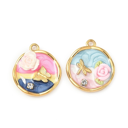 304 подвески из нержавеющей стали, плоский круг с цветком-бабочкой, с эмалью, Горный хрусталь и смола, реальный 18 k позолоченный