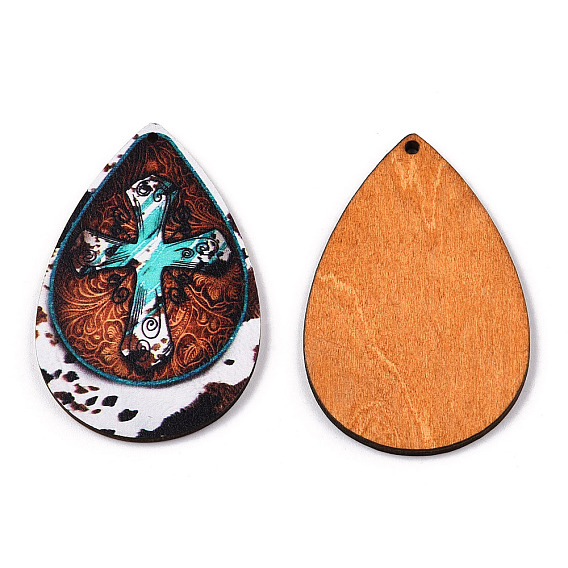 Single Face Printed Basswood Big Pendants, Teardrop Charm with Cross Pattern