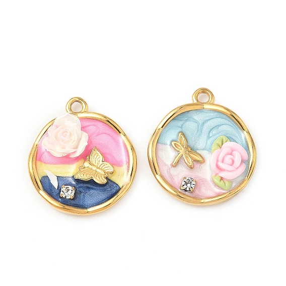 304 подвески из нержавеющей стали, плоский круг с цветком-бабочкой, с эмалью, Горный хрусталь и смола, реальный 18 k позолоченный