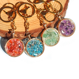 Gemstone Keychains, Flat Round, Light Gold