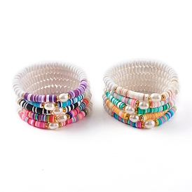Polymer Clay Heishi Beads Stretch Bracelets Sets, with Natural Pearl Beads and Brass Beads, Golden
