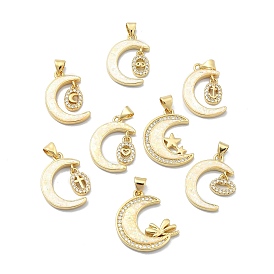 Brass Micro Pave Clear Cubic Zirconia Pendants, with Sythetic Opal, Real 18K Gold Plated, Moon